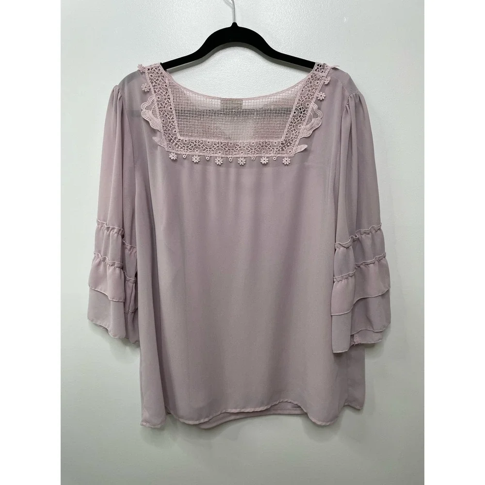 Bedford Fair Mauve Crochet Lace Ruffle Sleeve Blouse Camisole 1X Boho Rose 2 pc